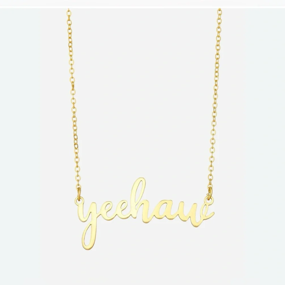 Gold tone yeehaw cursive scripture country western cowgirl rodeo necklace - Picture 3 of 11